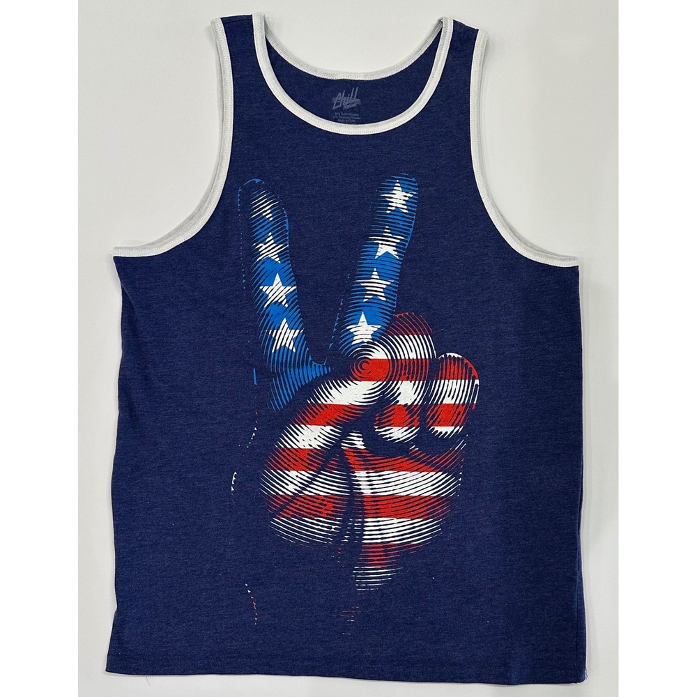 Chill Medium Mens Tank Top Blue Peace Sign American Flag Graphic Size M